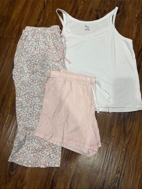 Felina White Lace-Trim Cami and Pink Floral Cotton Pajama 3-Piece Set XL